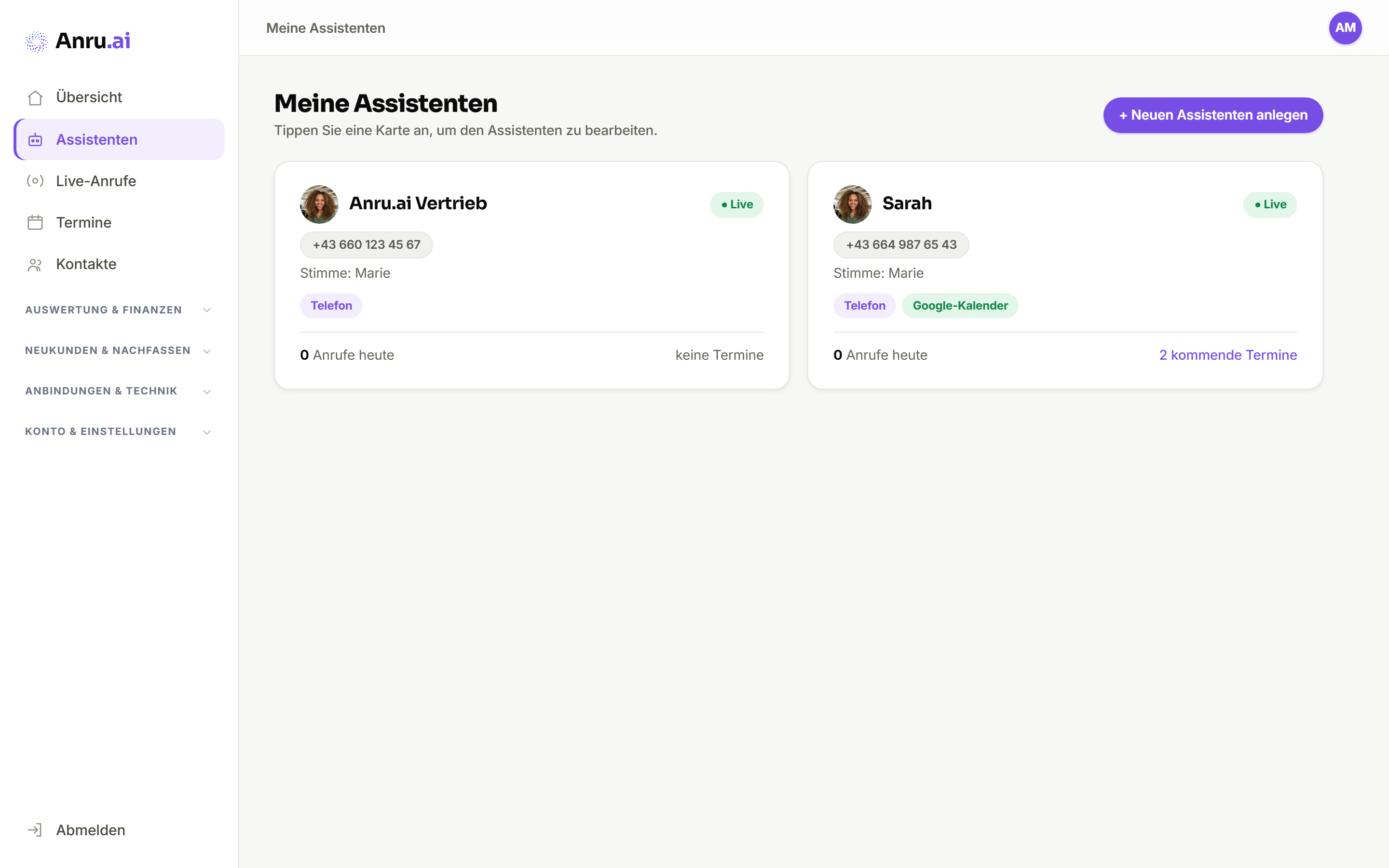 Anru.ai App: Meine Assistenten: aktive KI-Telefonassistenten mit Rufnummer, Stimme und Kanälen